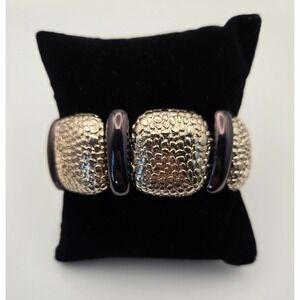 Monet Signed Textured Pebbled Square Metal Brown & Silver Tone Stretch Bracelet